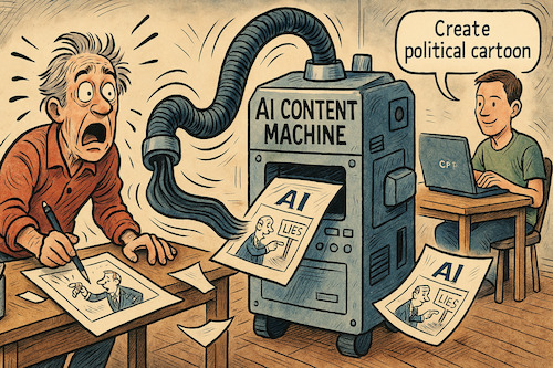 Cartoon: AI vs. Traditional Cartooning (medium) by PoliticoLoco tagged aiart,theftofart,creativeplagiarism,promptpiracy,deathofauthorship,algorithmiclaundering,artisticdisplacement