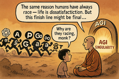 Cartoon: The finish? (medium) by PoliticoLoco tagged aiart,agi,singularity,techsatire,corporateai,existentialrisk,humandesire,buddhistwisdom