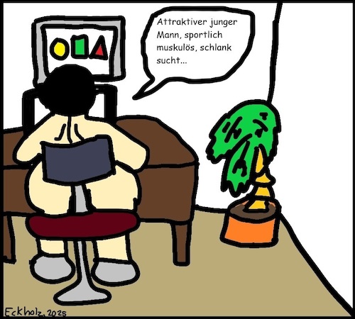 Cartoon: Attraktiver junger Mann sucht... (medium) by Kritzelsven tagged mogelei,kontaktanzeige,dick,fett,adipositas,übergewicht,partnersuche,schwindelei,gesellschaft,eklig,nacktheit