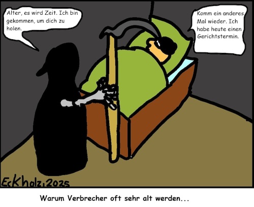 Cartoon: Warum  Verbrecher... (medium) by Kritzelsven tagged sensenmann,tod,verbrecher,nacht,überraschung,klischee,sünde,ganove,gesellschaft,leben,gerichtstermin,verzögerung,aufschiebung
