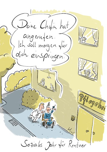 Cartoon: Soziales Jahr (medium) by MineCartoons tagged soziales,jahr,pflichtjahr,rentner,rente,pflege,personalmangel,pflichtdienst