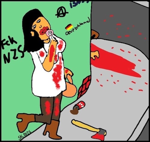 Cartoon: Psycho-Mädchen 2 (medium) by Kritzelhonk tagged lolli,mädchen,lecken,blut,mord,splatter,horror,hass,gewalt,attacke,angriff,seelenruhe,tod
