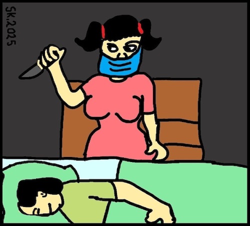 Cartoon: Psycho-Mädchen 6 (medium) by Kritzelhonk tagged mädchen,frau,schlafen,nacht,heimtücke,mord,messer,horror,angst,unbehagen