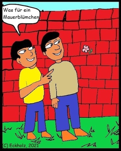 Cartoon: Was für ein Mauerblümchen (medium) by Kritzelhonk tagged männer,spott,mauerblümchen,sprache,sprichwort,mauer,blümchen,allegorie,sinnbild