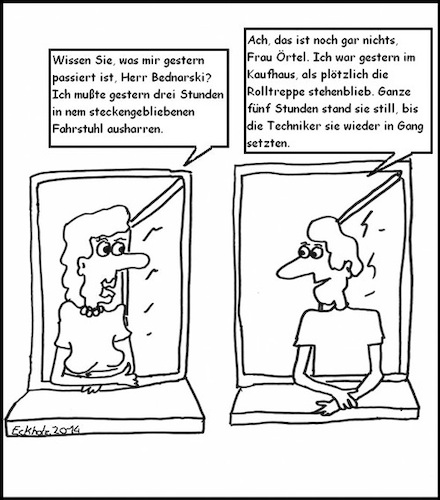 Cartoon: 3 Stunden - 5 Stunden (medium) by SK1978 tagged rolltreppe,aufzug,stillstand,gesellschaft,ignoranz,gleichgültigkeit,frau,mann,nachbarschaft,nonsens,blödsinn,bequemlichkeit,stunden