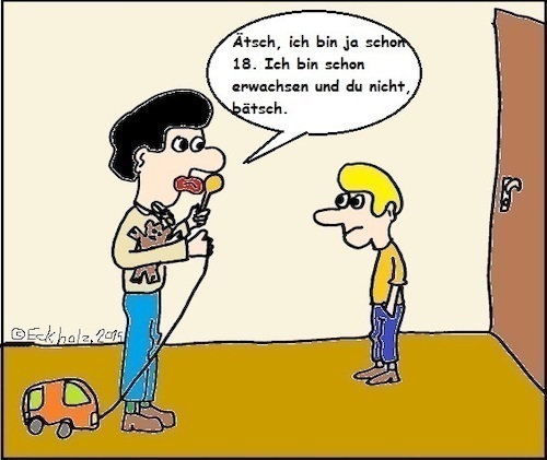 Cartoon: Erwachsen... (medium) by SK1978 tagged erwachsen,infantilität,volljährigkeit,jungen,knaben,infantil,spielzeug,albern,alberei,unreife,unreif,gesellschaft,geburtstag,familie,jugend,erziehung