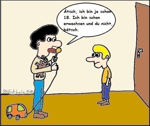 Cartoon: Erwachsen... (medium) by Mr Speck tagged erwachsen,volljährigkeit,jungen,jugend,familie,gesellschaft,infantilität,nuckel,teddybär,spielzeugauto