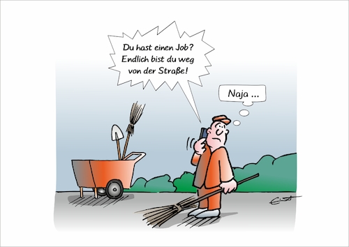 Cartoon: Arbeitslos oder nicht? (medium) by Bernd Eisert tagged arbeit,straße,straßenfeger,reinigung,handy,anruf,arbeit,straße,straßenfeger,reinigung,handy,anruf