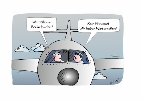 Cartoon: Blitzeis (medium) by Bernd Eisert tagged blitzeis,schnee,berlin,flughafen,landen,winterreifen,glatteis,sperrung,blitzeis,schnee,berlin,flughafen,landen,winterreifen,glatteis,sperrung