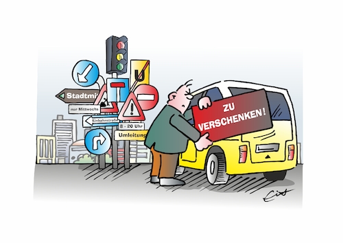Cartoon: Schilderwald (medium) by Bernd Eisert tagged auto,schilder,verkehrszeichen,verwirrung,aufgabe,fahrer,auto,schilder,verkehrszeichen,verwirrung,aufgabe,fahrer
