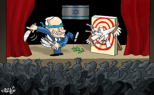 Cartoon: Netanyahu (medium) by Sherif Arafa tagged netanyahu,netanjahu,israel,gaza,peace,war,hamas,theatre,knifes,netanyahu,benjamin,palestinians,ceasefire,un,displacement