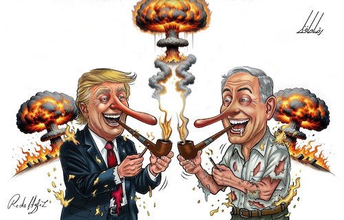 Cartoon: The Nuclear Pipe (medium) by Reda Hafez tagged iran,usa,isreal,trump,netanyahu,war,middle,east,peace,oil,gas,nuclear,bomb,pipe