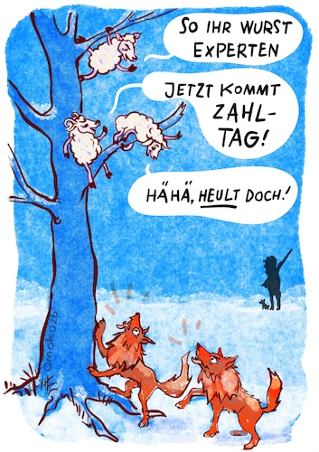 Cartoon: Wurstexperten (medium) by omoko tagged wolf,schaf,abschuss,vegetarier,wurst,fleischfresser,fleisch,essen,jäger,jagd,schnee,baum,zahltag,rache,veggie,day,reue,sorry,vergeltung,angst,panik,flucht,abschussverbot,halali,horido,zahm,zähmen,wild,natur,wald,flinte,schiessen,bedrohen,beschützen,naturschutz,blut,schreck,überfall,wölfe,angriff