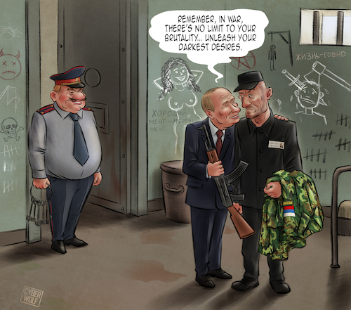 Cartoon: Disposable Warriors (medium) by Cyberwolf tagged putin,war,criminal,antiwar,prison,cell,prisoner,ak47,kalashnikov
