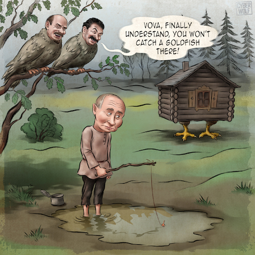 Cartoon: Fishing for Folly (medium) by Cyberwolf tagged lenin,stalin,putin,war,criminal,ukraine,anthropomorphic,birds,fishing,puddle,ivan,fool,owls,russian,agression