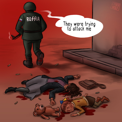 Cartoon: No man no problem.. (medium) by Cyberwolf tagged putin,war,criminal,russian,soldier,kalashnikov,helmet,ukraine,massacre,bucha,civilian,victims,children,agression,no