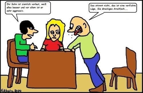 Cartoon: Elternsprechstunde... (medium) by Kritzelpsycho tagged aggressionen,mann,frau,elternsprechstunde,erziehung,familie,gesellschaft,lehrer,schule,bildung,arroganz,choleriker,schimpfen,schimpfworte