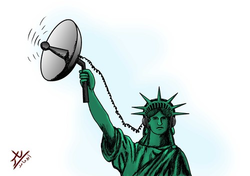 Cartoon: phone tapping (medium) by yaserabohamed tagged phone,tapping,usa,spy,statue,of,liberty