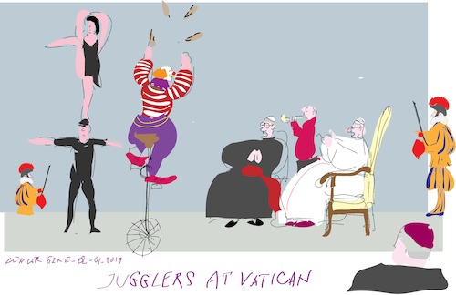 Cartoon: Circus Troupe (medium) by gungor tagged vatican,vatican,pope,francis,levitates,table,during,circus,trour,visit