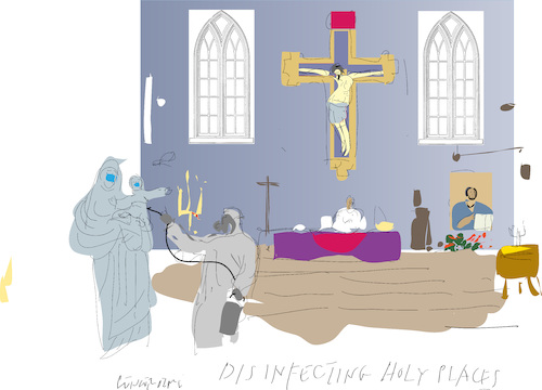 Cartoon: Disinfecting  Holy Places (medium) by gungor tagged pandemic,pandemic