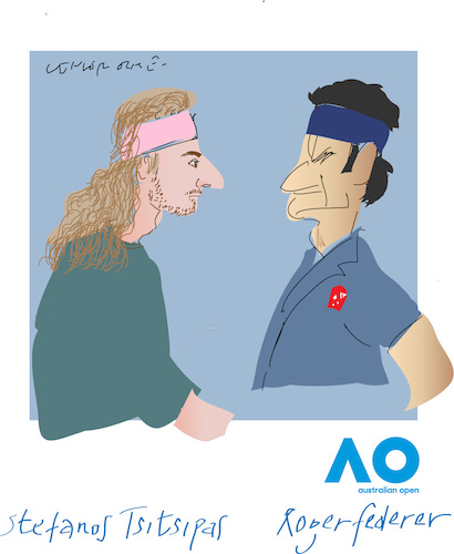 Cartoon: Stefanos against Roger (medium) by gungor tagged tennis,tennis