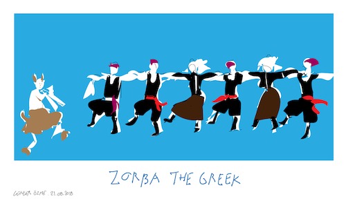 Cartoon: Zorba The Greek (medium) by gungor tagged greece,greece,euro,zone,hard,times,greek,dancing,sirtaki,ouzo,taverna,music,ancient,god,pan,faun,fat,wedding