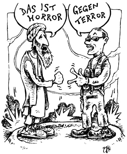 Cartoon: horror gegen terror (medium) by JP tagged afghanistan,luftangriff,nato,kollateralschaden,weichziele,krieg,terrorismus,terroristen