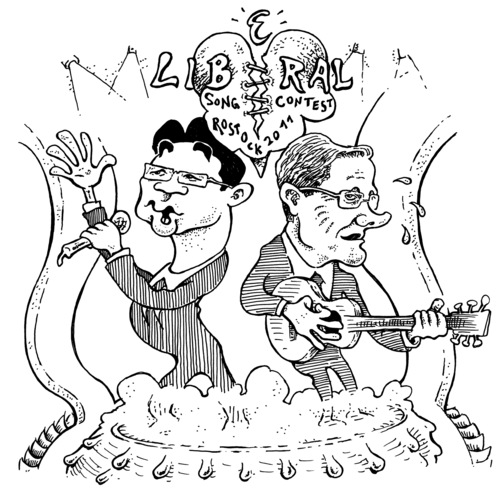 Cartoon: liberal song contest (medium) by JP tagged fdp,rösler,westerwelle,rostock,bundesparteitag,eurovision
