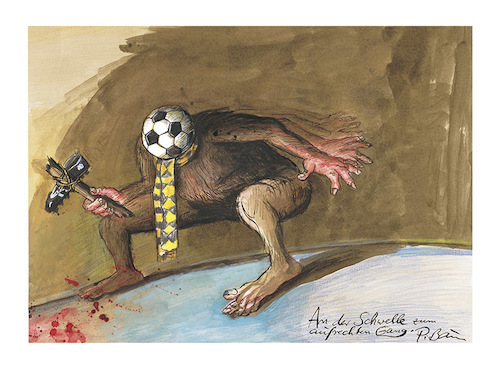Cartoon: An der Schwelle z. aufr. Gang (medium) by Peter Bauer tagged gewalt,fan,krawalle,fußball