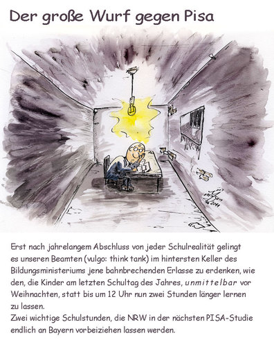 Cartoon: 10 Jahre PISA - und die Folgen (medium) by Lupe tagged ferien,weihnachten,unterricht,schule,pisa,nrw,schulschluss,zeugnisse,schulfrei,dezember,kollegium,bass,beamte,ministerium,erlass,lehrer,bildung,lehrerin