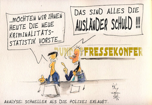 Cartoon: Kriminalitätsstatistik (medium) by Lupe tagged kriminalität,rassismus,cdu,afd,ausländer,verdacht,verdächtige,bundespressekonferenz