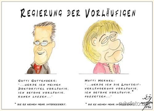 Cartoon: Regierung der Vorläufigen (medium) by Lupe tagged vorläufig,guttenberg,merkel,bundes,regierung,atom,kraftwerke,doktor,doktorarbeit,interesse,aufmerksamkeit,wahlen