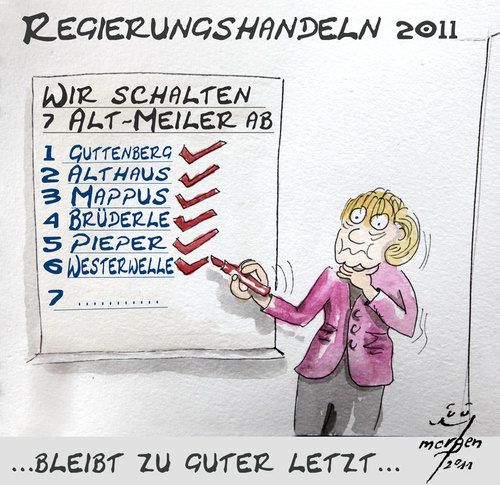 Cartoon: Sieben auf einem Streich (medium) by Lupe tagged akw,fukushima,wahlen,merkel,westerwelle,guttenberg,mappus,abschalten