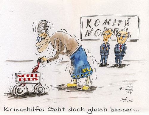 Cartoon: Was Nobeles für Oma (medium) by Lupe tagged eu,eur,oma,rollator,nobelpreis,friedensnobelpreis,schweden,komitee,stockholm,europäische,union