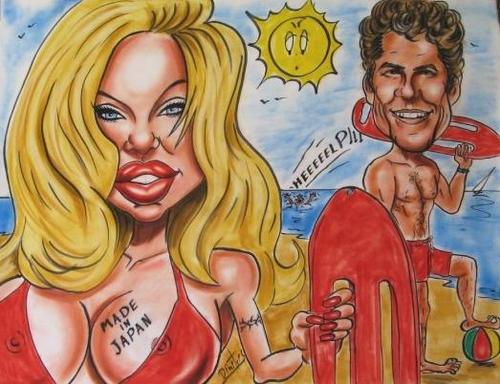 Cartoon: Pamela Anderson  D. Hasselhoff (medium) by DEMMAN tagged comics,celebrities,cartoon,kos,emm,dimitris,caricature,pastel,hasselhoff,david,anderson,pamela