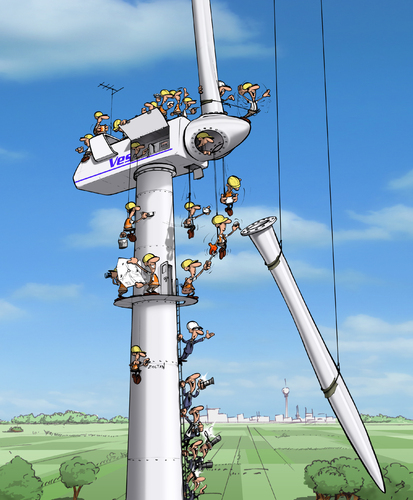 Cartoon: Vestas (medium) by Zoltan tagged energie,klimawandel,wind,wartung,wimmelbild,windkraftanlage,windkraft,karikatur,vestas,cartoon,dovath,zoltan,monteur