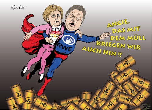 Cartoon: Auf Beutezug (medium) by ESchröder tagged laufzeitverlängerung,energie,endlagerung,merkel,großmann,rwe,atommüll,atom,gorleben,asse,steuern,fukushima,tschernobyl