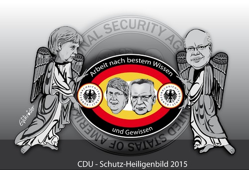 Cartoon: BND-Heiligenbild (medium) by ESchröder tagged bundeskanzlerin,angela,merkel,bnd,nsa,usa,deutschland,spionageskandal,bundeskanzleramt,bundesregierung,aushorchen,informieren,defizite,aufklärung,kanzleramt,ronald,profalla,de,maiziere,wahlen,no,spy,abkommen,lügen,selektoren