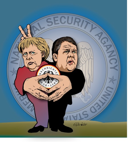 Cartoon: BND-NSA-Skandal 5 (medium) by ESchröder tagged bnd,nsa,geheimdienste,peter,altmeier,gerhard,schindler,spionage,skandal,bundesregierung,aushorchen,selektoren,technische,und,personelle,defizite,wirtschaftsspionage,kontrolle,kanzlerin,angela,merkel,vizekanzler,sigmar,gabriel,aufklärung,cdu,spd