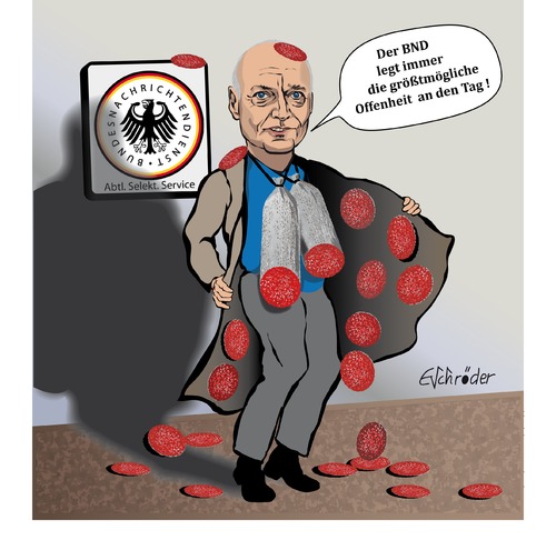 Cartoon: BND - Der offene Geheimnisträge (medium) by ESchröder tagged bnd,nsa,skandal,geheimdienst,spionage,schindler,untersuchungsausschusskanzlerin,angela,maerkel,koalitionspartner,gabriel,opposition,selektoren,usa,deutsche,gesetze,kontrolle,veröffentlichung