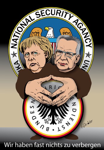 Cartoon: BND NSA 3 (medium) by ESchröder tagged de,maiziere,bnd,angela,merkel,cdu,csu,bundesnachrichtendienst,bundeskanzleramt,kanzleramtsminister,usa,deutschland,kontrolle,wissen,unwissen,geheimdienste,spionage,wirtschaftspionage,erkenntnisse