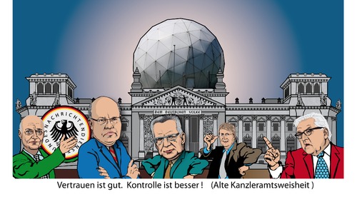 Cartoon: BND Skandal (medium) by ESchröder tagged bnd,nsa,geheimdienste,peter,altmeier,gerhard,schindler,spionage,skandal,bundesregierung,aushorchen,selektoren,technische,und,personelle,defizite,untersuchungsausschuss,entlassung,steinmeier,de,maiziere,profalla,reichstag,kuppel