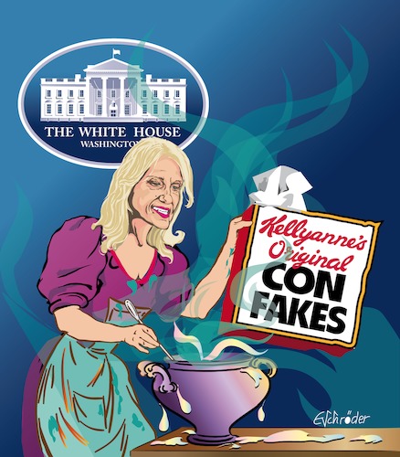 Cartoon: Conway fake news (medium) by ESchröder tagged trump,donald,usa,republikaner,präsident,politik,dealer,dollar,amtseinführung,45päsident,der,make,amerika,great,again,kellyanne,conway,beraterin,falsche,nachrichten,lügen,alternative,facts