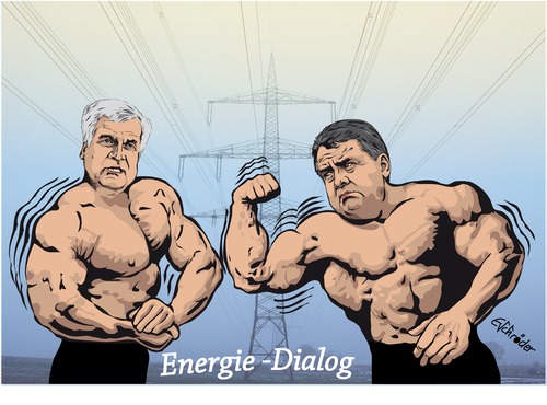 Cartoon: Energiedialog (medium) by ESchröder tagged wirtschafts,und,energieminister,sigmar,gabriel,ministerpräsident,horst,seehofer,csu,stromtrassen,suedlink,monstermasten,süd,ost,leitung,subventionen,gaskraftwerke,zugeständnisse,windstrom,gabrielministerium,stromkunden,höhere,strompreise,energiekosten,blockkade,karikatur,ernst,schröder