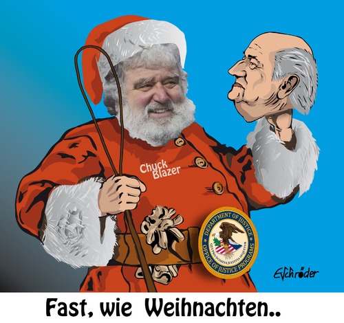 Cartoon: ...geschenkt... (medium) by ESchröder tagged chuck,blazer,joseph,blatter,fifa,fußballweltverband,geldverteilung,korruption,betrug,weihnachtsmann,geschenk,spion,kronzeuge