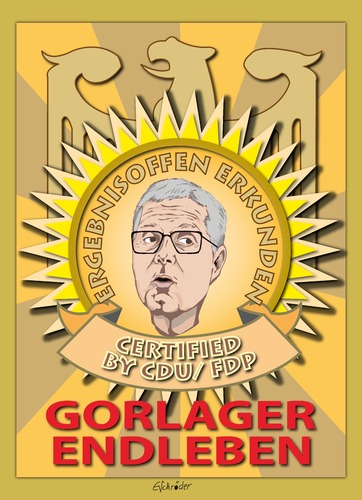 Cartoon: Gorlager Endleben (medium) by ESchröder tagged fdp,röttgen,merkel,reierung,cdu,ergebnisoffen,erkundung,gorleben,endlager,atom