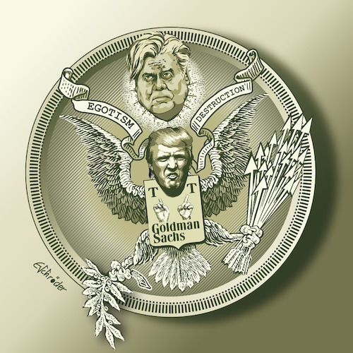 Cartoon: great seal usa (medium) by ESchröder tagged trump,donald,usa,republikaner,präsident,twitter,politik,präsidentensiegel,steve,bannon,goldman,sachs,egotism,destruktion