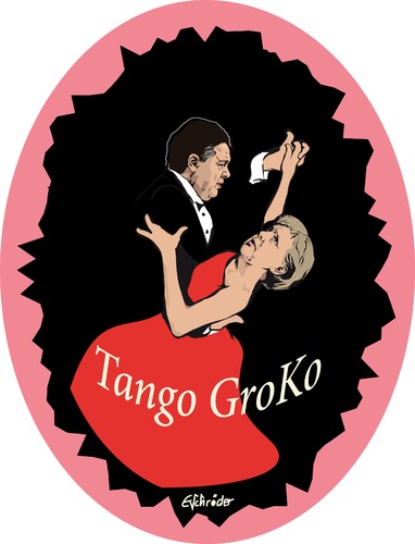 Cartoon: Groko Tango (medium) by ESchröder tagged vizekanzler,sigmar,gabriel,spd,bundeskanzlerin,angela,merkel,cdu,parteichefs,große,koalition,groko,nsa,bnd,skandal,vertrauen,geheimdiestaktivitäten,wirtschaftsspionage