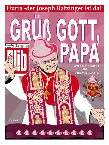 Cartoon: Grüß Gott- Papa (medium) by ESchröder tagged benedictus,benedikt,papstbesuch,papst,bildzeitung,großposter,bildzeitungsposter,benedetto,bento,heiliger,vater,vatikan,berlin,erfurth,freiburg