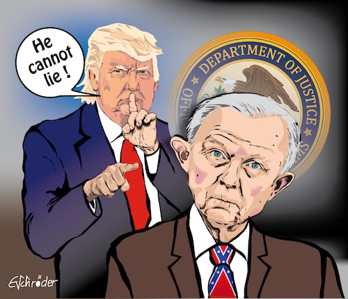 Cartoon: Jeff Sessions Donald Trump (medium) by ESchröder tagged donald,trump,usa,president,wahlen,america,first,jeff,sessions,department,of,justice,russland,botschafter,wahlkampf,beeinflussung,washington,post,untersuchung,nancy,pelosi,rücktrittforderung,geheimdienst